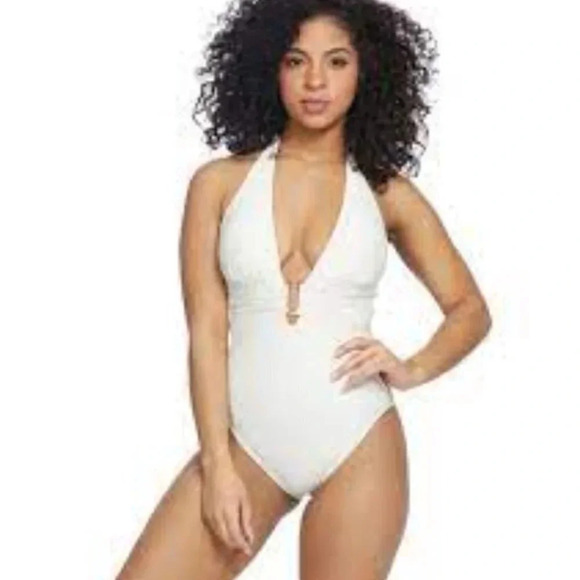 VINCE Camuto Pacific Wave Plunging  Texture One Piece Swimsuit Sand - Picture 1 of 15